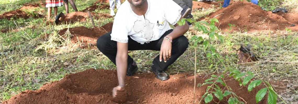 The director, Mr. Gitau putting soil after planting the nandi flame tree