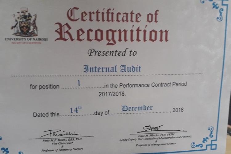 Internal Audit Department scoops Number 1 position in Central Administration (2018/2019)